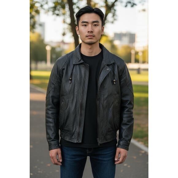 Property vintage black leather bomber jacket from the 1990s with a Size M - Picture 13 of 14